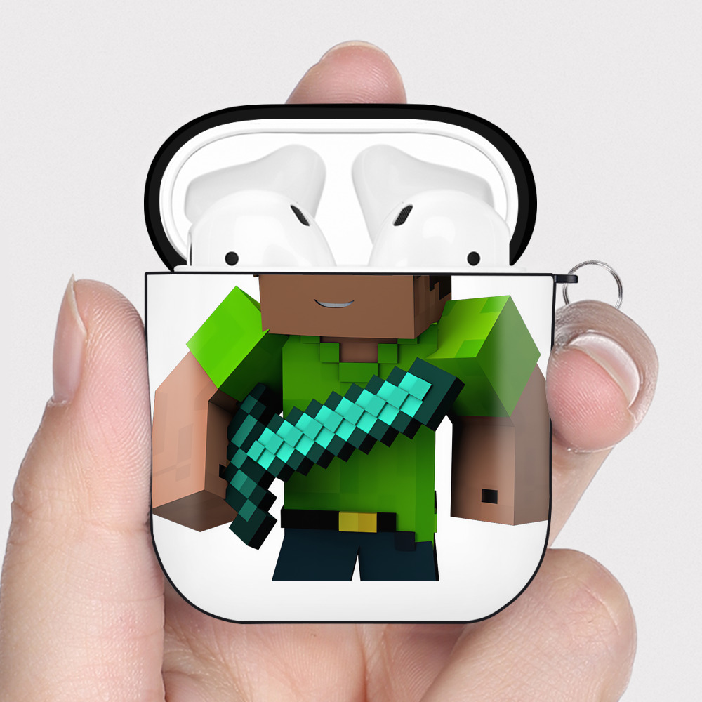 （画像用） マインクラフト ブロックの世界 Minecraft MC Block world AirPods 第2世代保護ケース ハードシェル ブラック 耐衝撃・防指紋・カラビナ付き