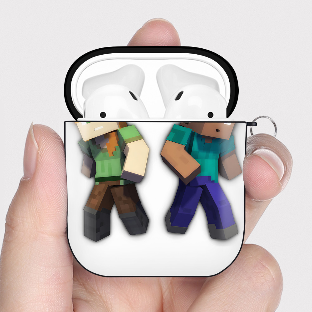 （画像用） マインクラフト ブロックの世界 Minecraft MC Block world AirPods 第2世代保護ケース ハードシェル ブラック 耐衝撃・防指紋・カラビナ付き