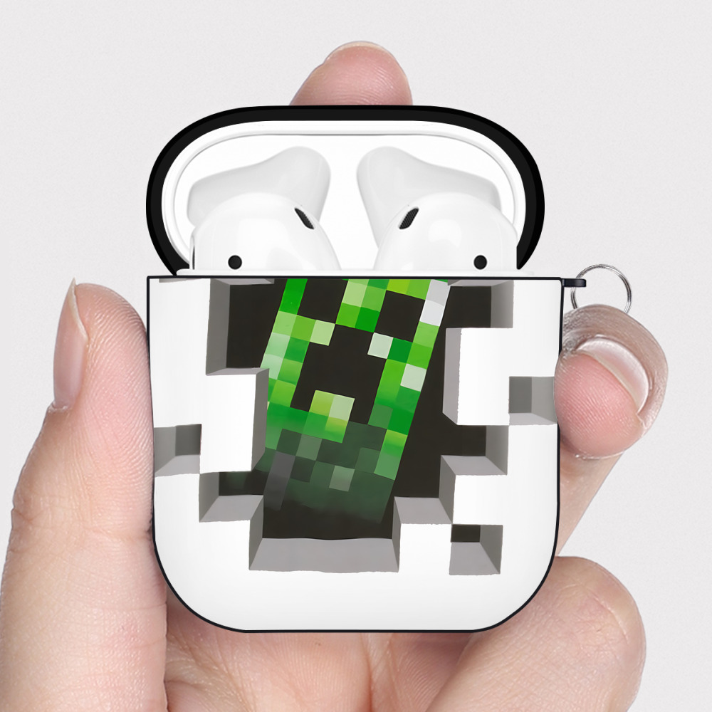 （画像用） マインクラフト ブロックの世界 Minecraft MC Block world AirPods 第2世代保護ケース ハードシェル ブラック 耐衝撃・防指紋・カラビナ付き