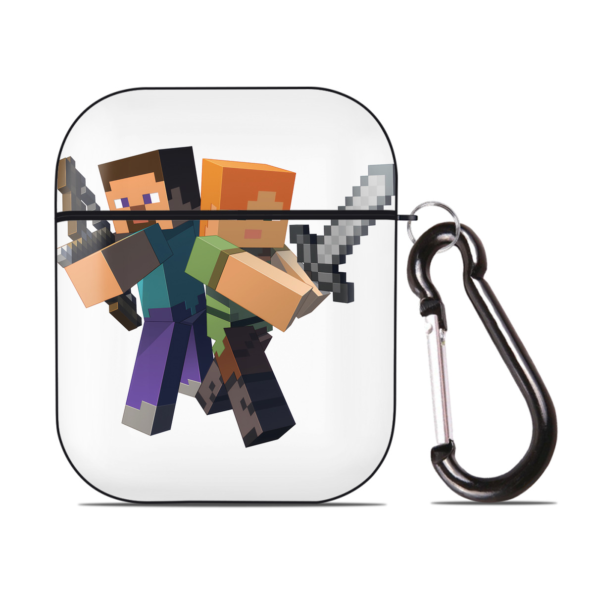 （画像用） マインクラフト ブロックの世界 Minecraft MC Block world AirPods 第2世代保護ケース ハードシェル ブラック 耐衝撃・防指紋・カラビナ付き