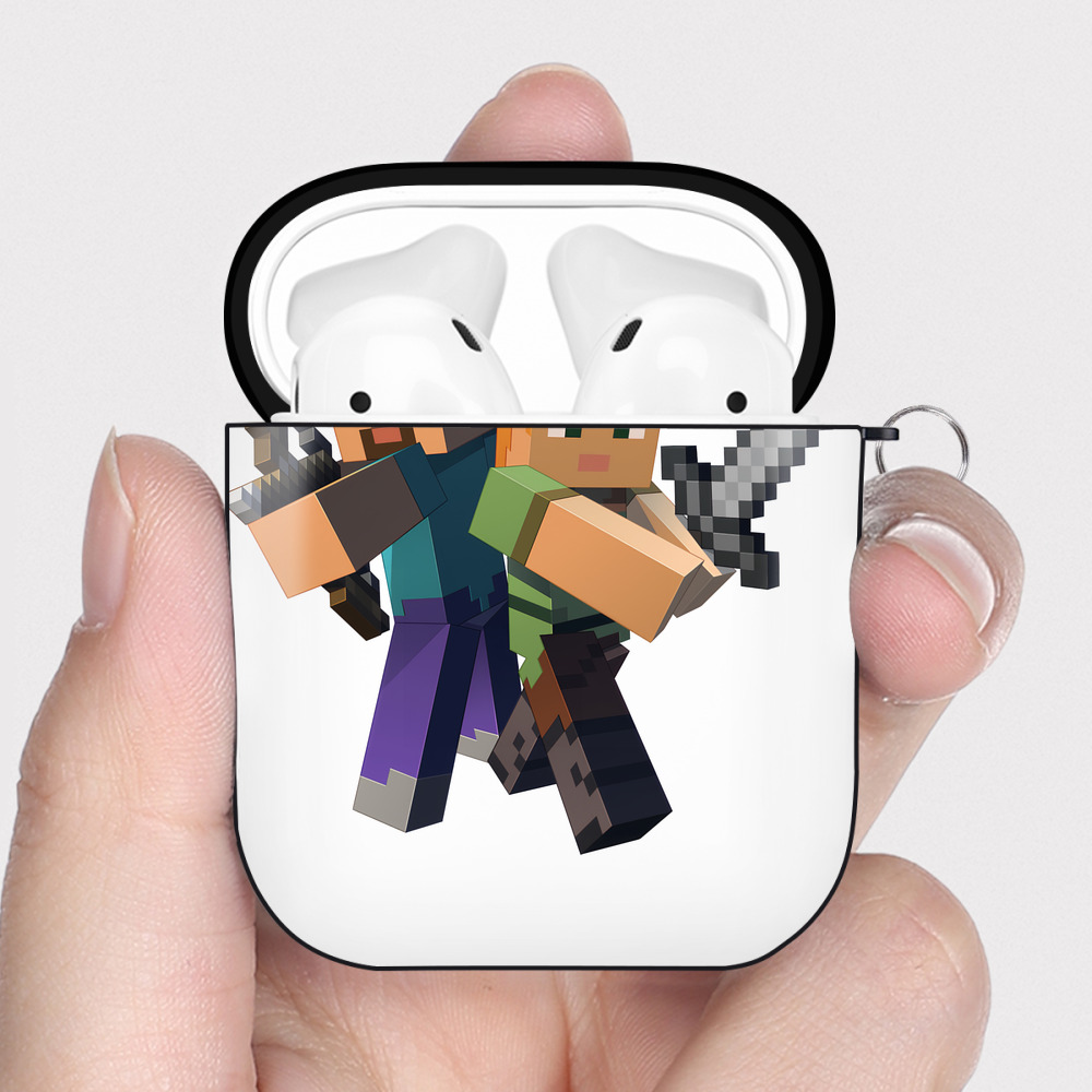 （画像用） マインクラフト ブロックの世界 Minecraft MC Block world AirPods 第2世代保護ケース ハードシェル ブラック 耐衝撃・防指紋・カラビナ付き