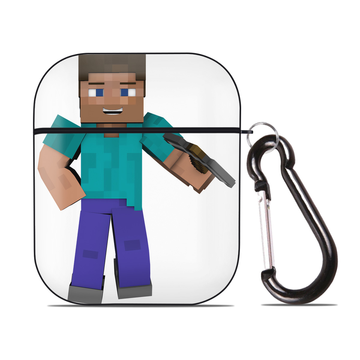 （画像用） マインクラフト ブロックの世界 Minecraft MC Block world AirPods 第2世代保護ケース ハードシェル ブラック 耐衝撃・防指紋・カラビナ付き