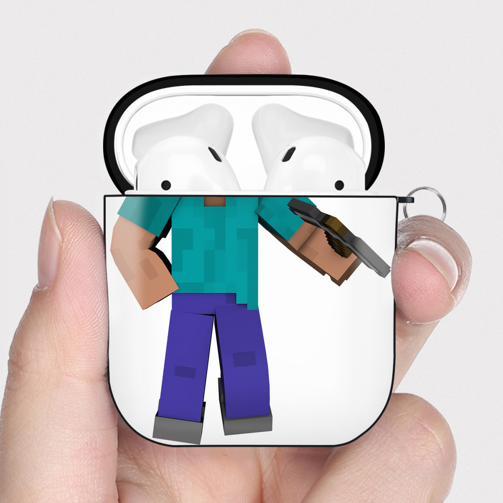 （画像用） マインクラフト ブロックの世界 Minecraft MC Block world AirPods 第2世代保護ケース ハードシェル ブラック 耐衝撃・防指紋・カラビナ付き