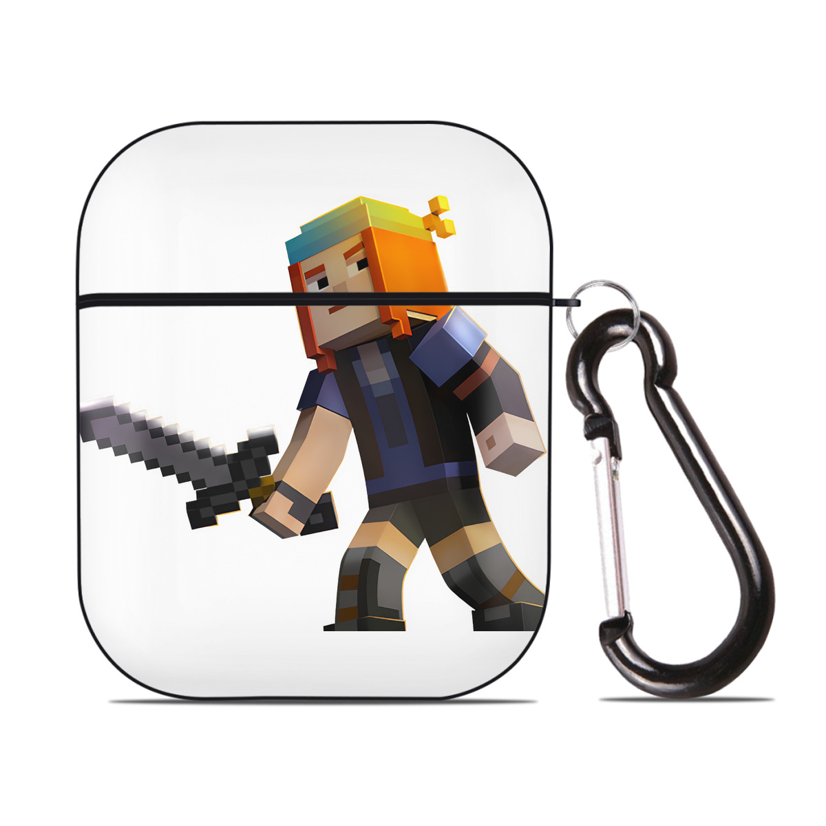 （画像用） マインクラフト ブロックの世界 Minecraft MC Block world AirPods 第2世代保護ケース ハードシェル ブラック 耐衝撃・防指紋・カラビナ付き