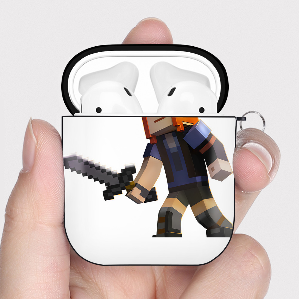 （画像用） マインクラフト ブロックの世界 Minecraft MC Block world AirPods 第2世代保護ケース ハードシェル ブラック 耐衝撃・防指紋・カラビナ付き