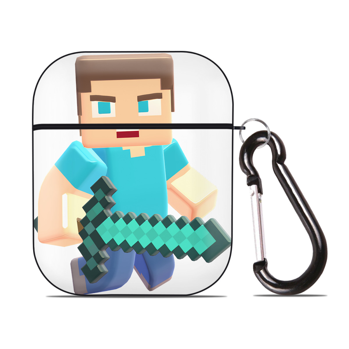 （画像用） マインクラフト ブロックの世界 Minecraft MC Block world AirPods 第2世代保護ケース ハードシェル ブラック 耐衝撃・防指紋・カラビナ付き