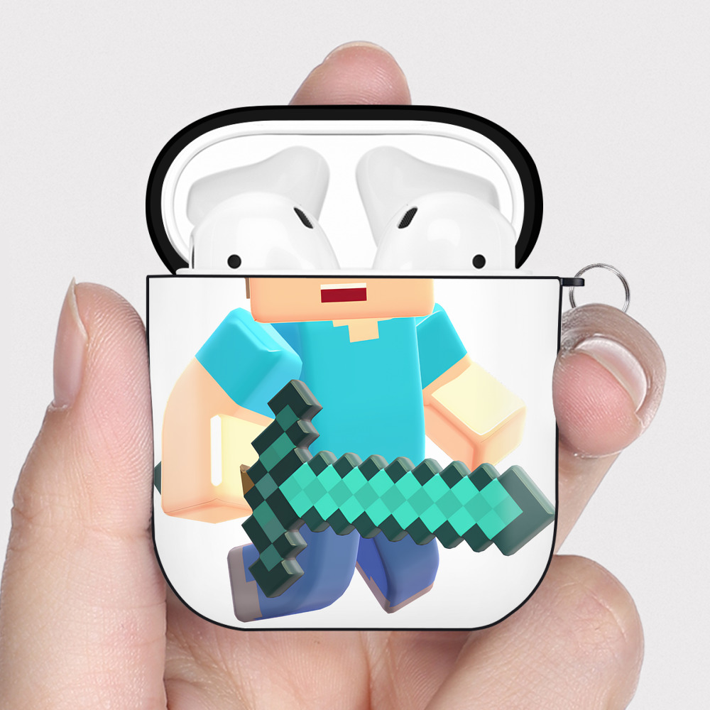 （画像用） マインクラフト ブロックの世界 Minecraft MC Block world AirPods 第2世代保護ケース ハードシェル ブラック 耐衝撃・防指紋・カラビナ付き