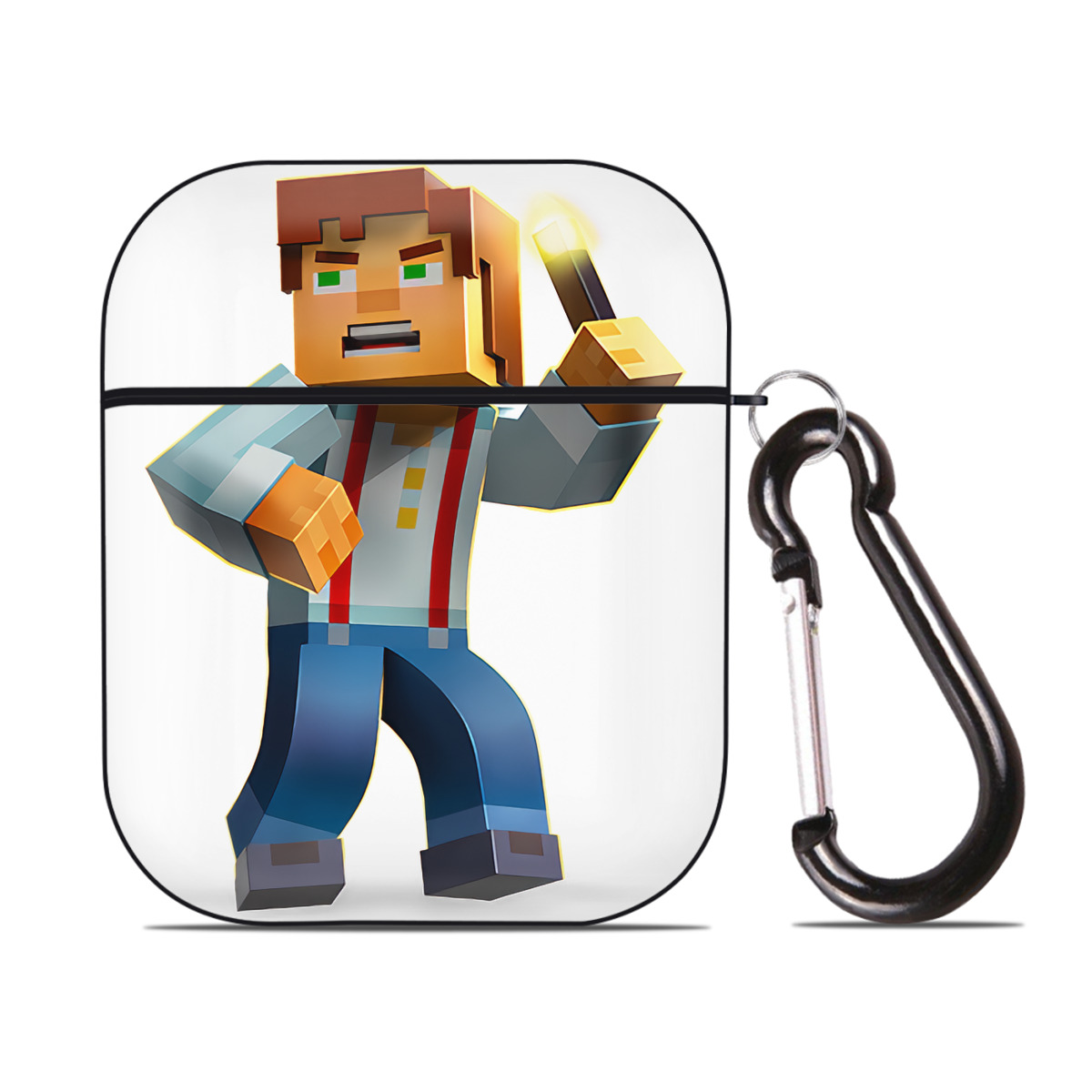 （画像用） マインクラフト ブロックの世界 Minecraft MC Block world AirPods 第2世代保護ケース ハードシェル ブラック 耐衝撃・防指紋・カラビナ付き
