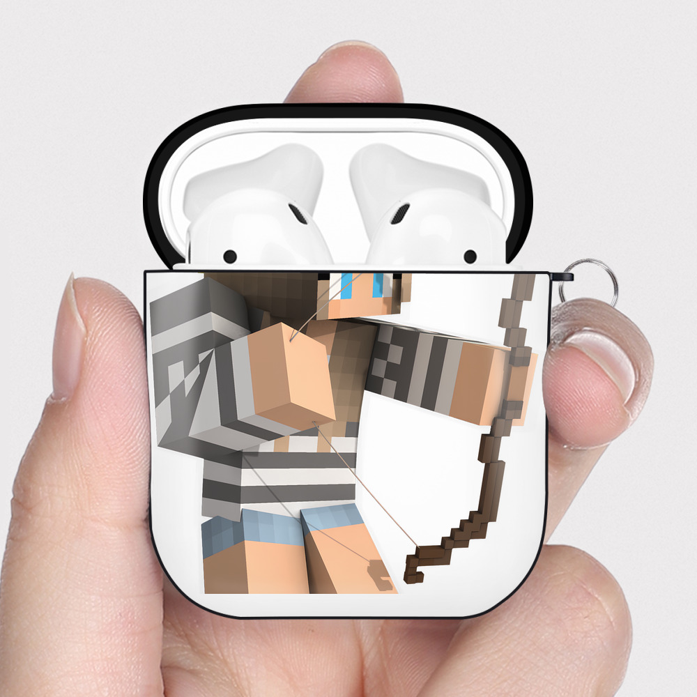 （画像用） マインクラフト ブロックの世界 Minecraft MC Block world AirPods 第2世代保護ケース ハードシェル ブラック 耐衝撃・防指紋・カラビナ付き