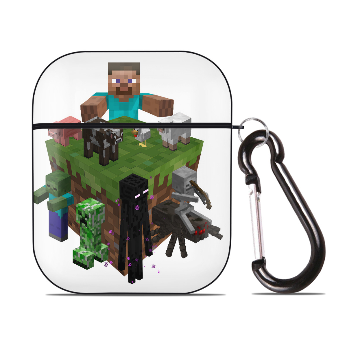 （画像用） マインクラフト ブロックの世界 Minecraft MC Block world AirPods 第2世代保護ケース ハードシェル ブラック 耐衝撃・防指紋・カラビナ付き