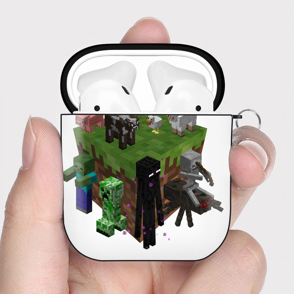 （画像用） マインクラフト ブロックの世界 Minecraft MC Block world AirPods 第2世代保護ケース ハードシェル ブラック 耐衝撃・防指紋・カラビナ付き