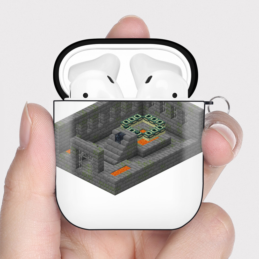 （画像用） マインクラフト ブロックの世界 Minecraft MC Block world AirPods 第2世代保護ケース ハードシェル ブラック 耐衝撃・防指紋・カラビナ付き