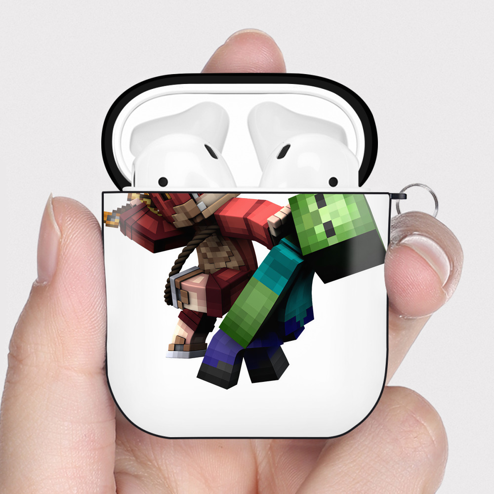 （画像用） マインクラフト ブロックの世界 Minecraft MC Block world AirPods 第2世代保護ケース ハードシェル ブラック 耐衝撃・防指紋・カラビナ付き