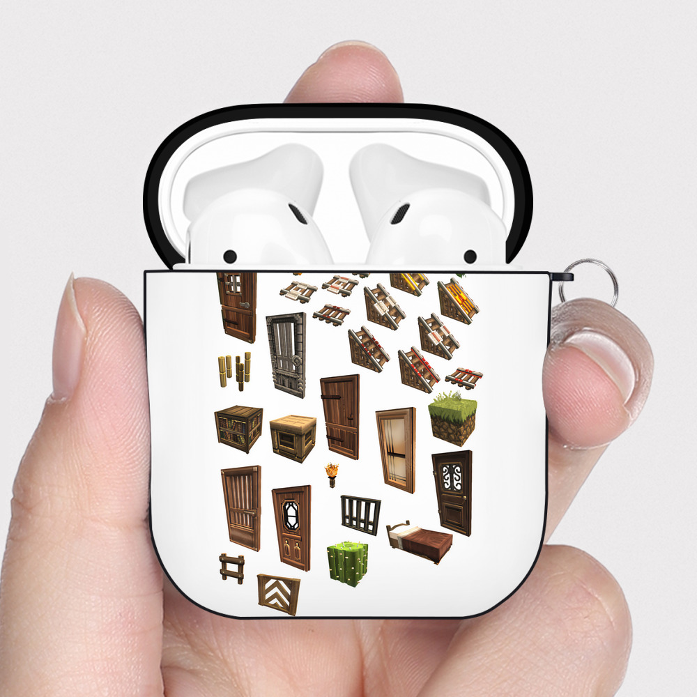 （画像用） マインクラフト ブロックの世界 Minecraft MC Block world AirPods 第2世代保護ケース ハードシェル ブラック 耐衝撃・防指紋・カラビナ付き