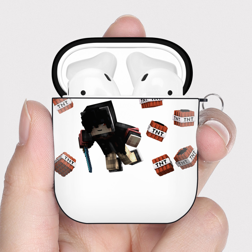 （画像用） マインクラフト ブロックの世界 Minecraft MC Block world AirPods 第2世代保護ケース ハードシェル ブラック 耐衝撃・防指紋・カラビナ付き