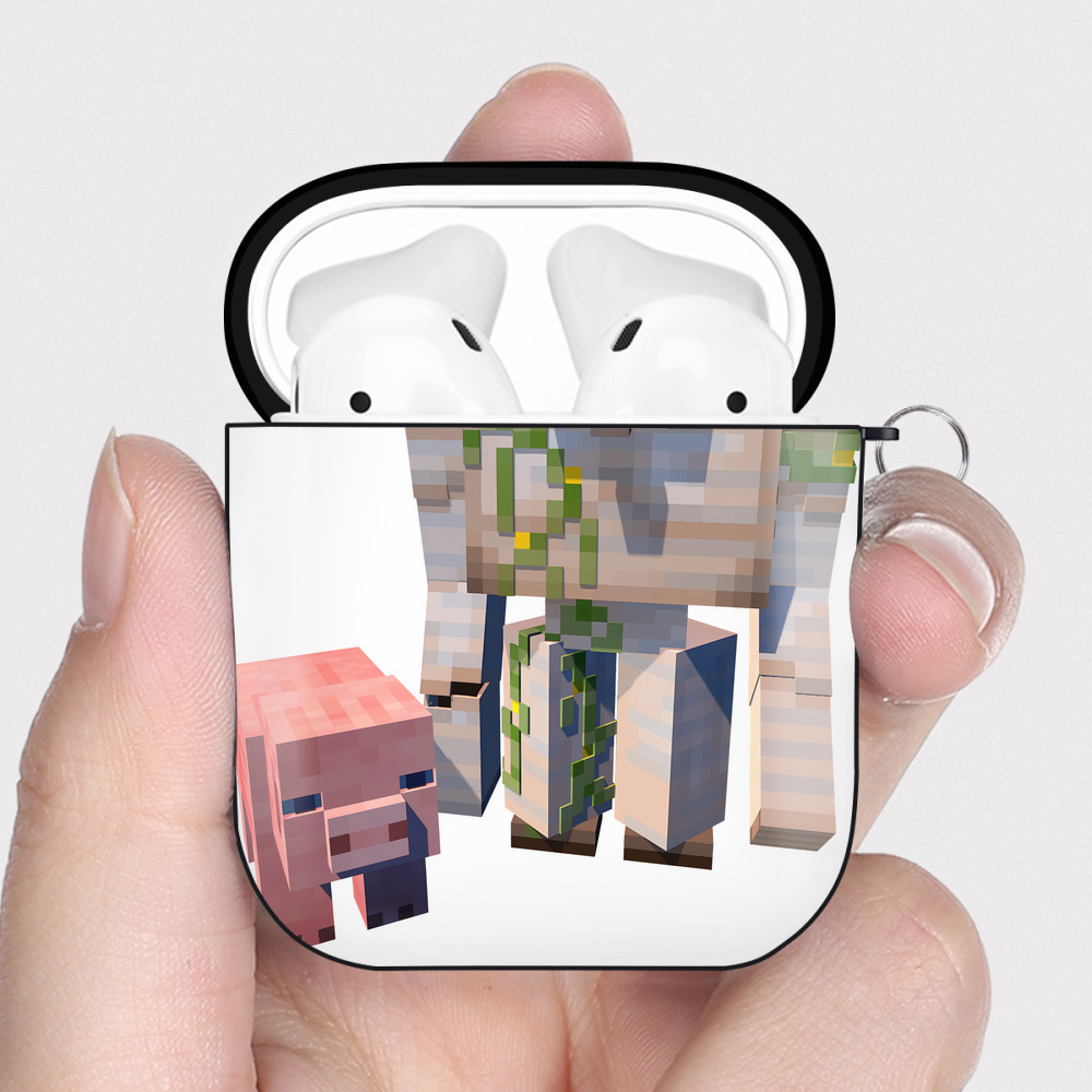 （画像用） マインクラフト ブロックの世界 Minecraft MC Block world AirPods 第2世代保護ケース ハードシェル ブラック 耐衝撃・防指紋・カラビナ付き