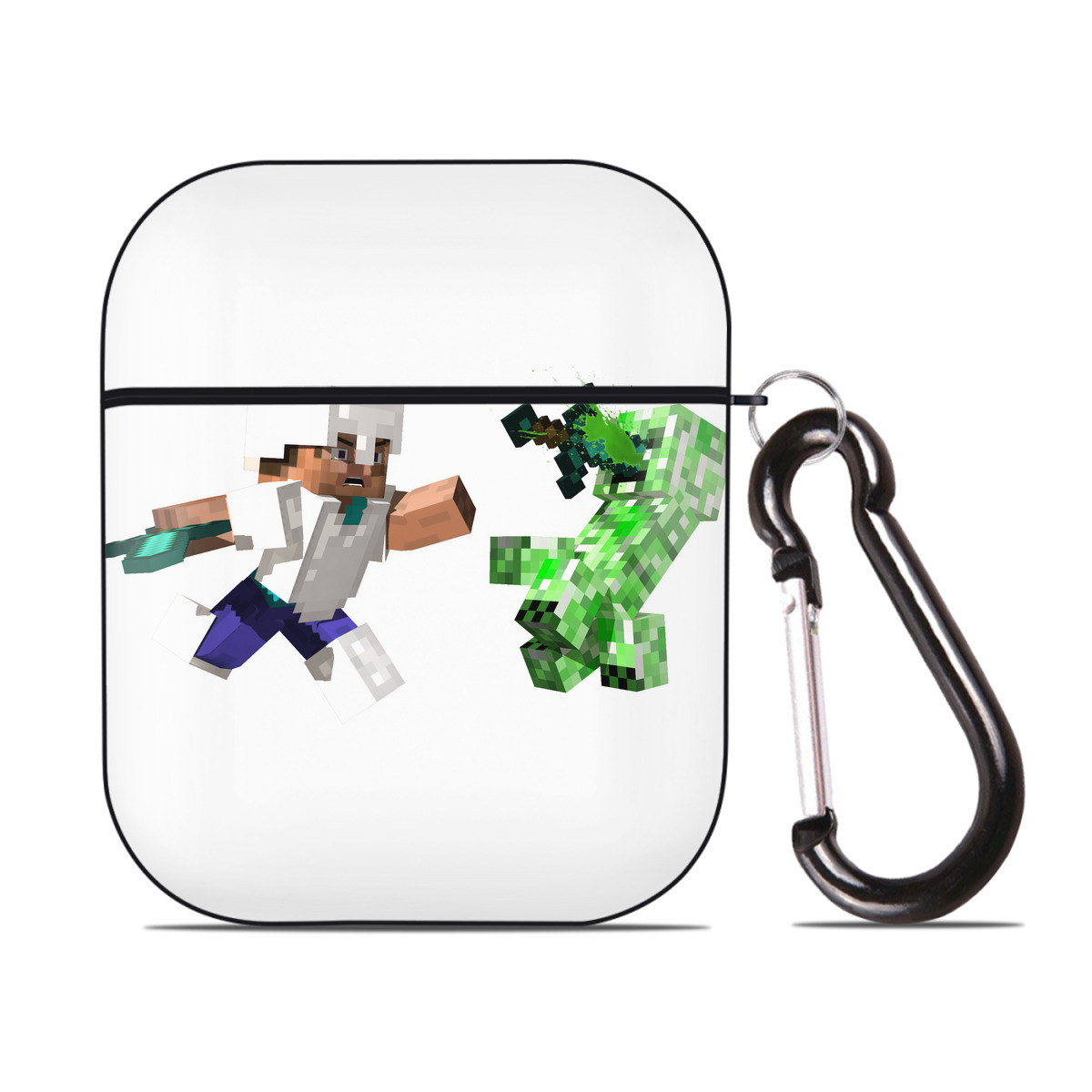 （画像用） マインクラフト ブロックの世界 Minecraft MC Block world AirPods 第2世代保護ケース ハードシェル ブラック 耐衝撃・防指紋・カラビナ付き