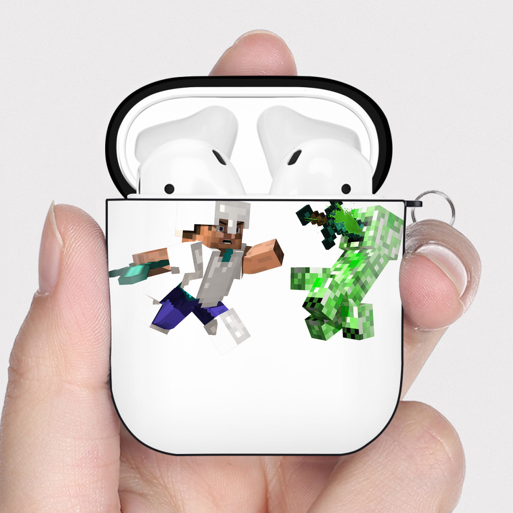 （画像用） マインクラフト ブロックの世界 Minecraft MC Block world AirPods 第2世代保護ケース ハードシェル ブラック 耐衝撃・防指紋・カラビナ付き