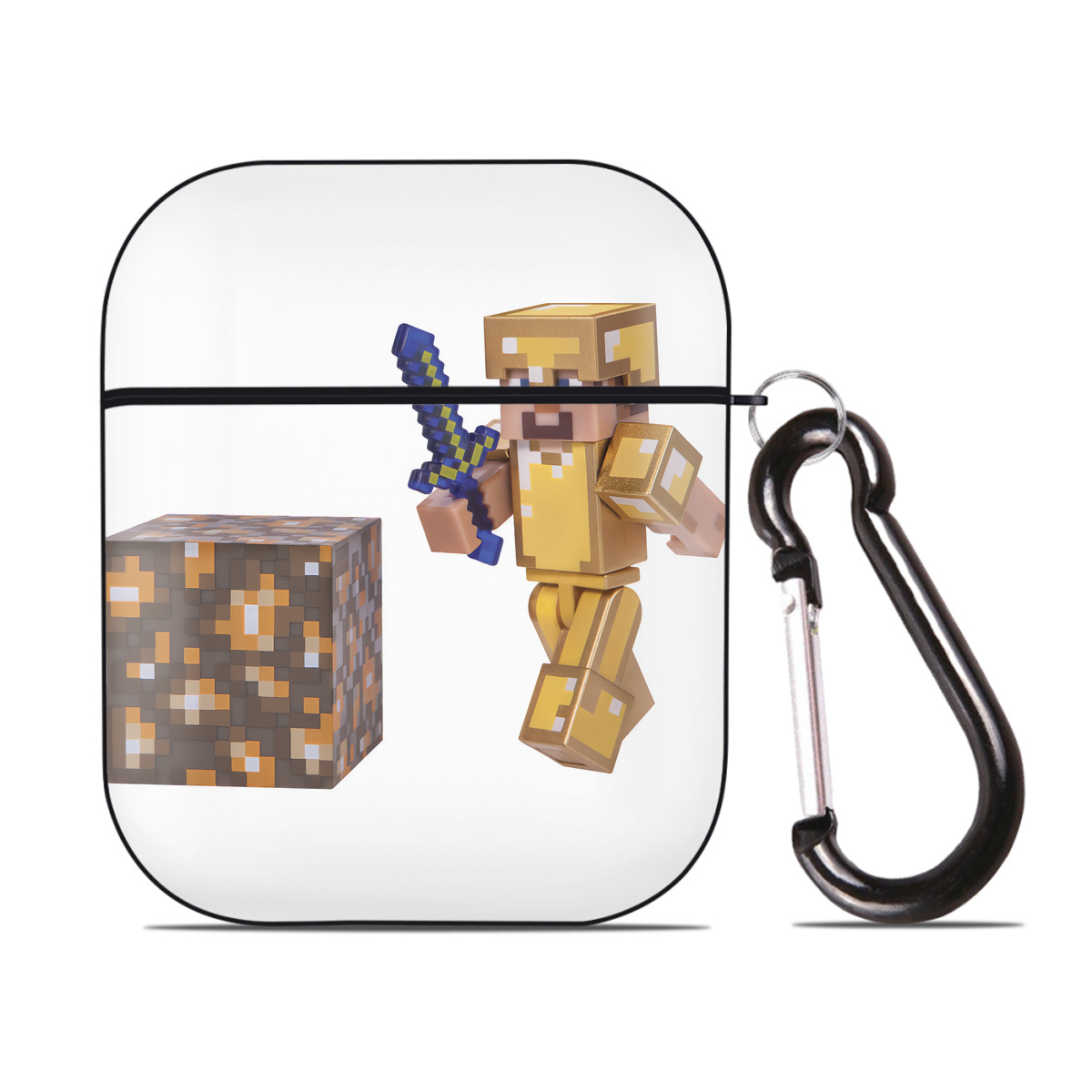 （画像用） マインクラフト ブロックの世界 Minecraft MC Block world AirPods 第2世代保護ケース ハードシェル ブラック 耐衝撃・防指紋・カラビナ付き