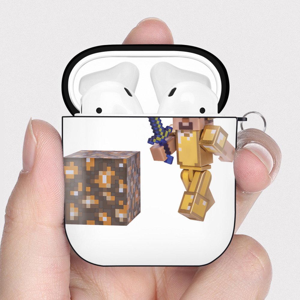 （画像用） マインクラフト ブロックの世界 Minecraft MC Block world AirPods 第2世代保護ケース ハードシェル ブラック 耐衝撃・防指紋・カラビナ付き