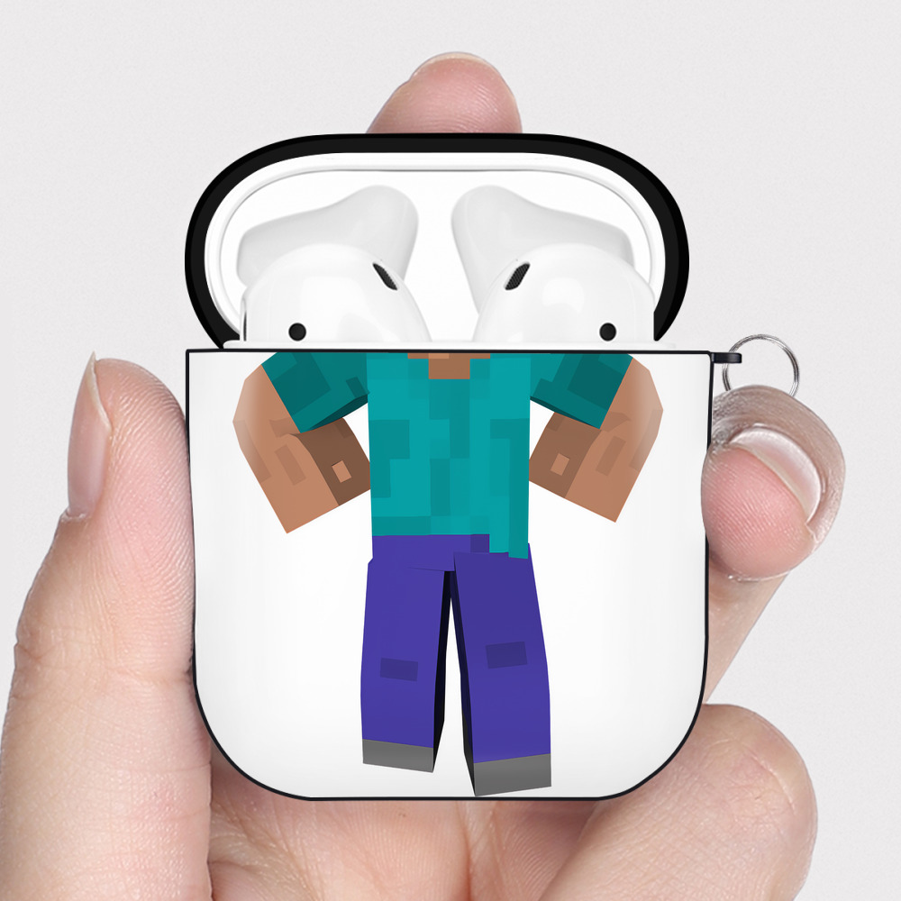 （画像用） マインクラフト ブロックの世界 Minecraft MC Block world AirPods 第2世代保護ケース ハードシェル ブラック 耐衝撃・防指紋・カラビナ付き