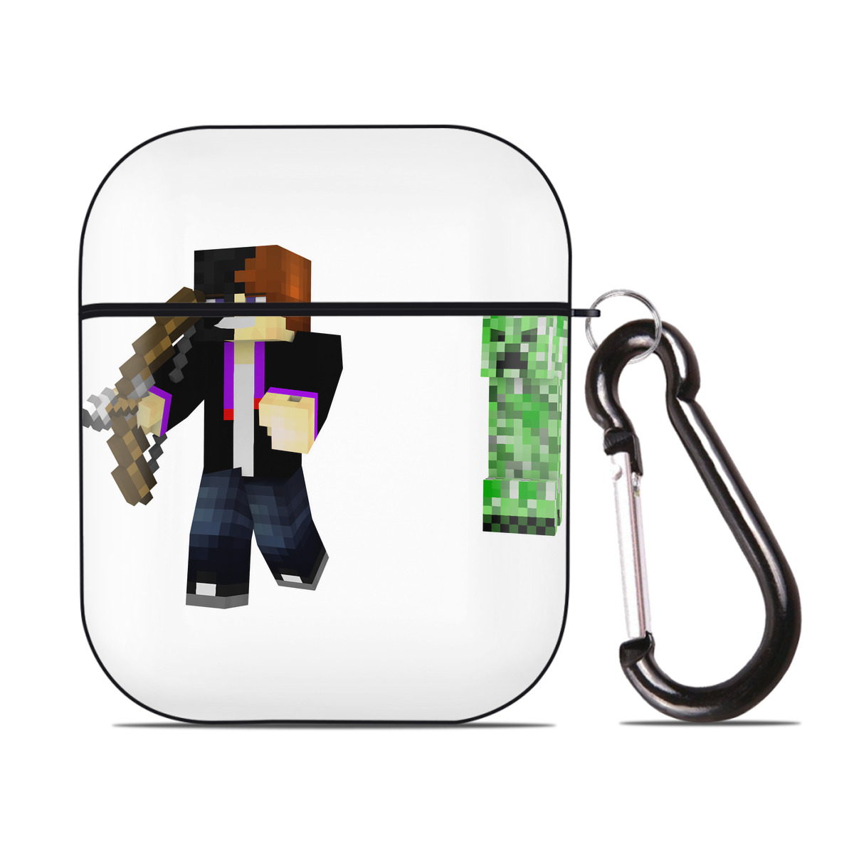 （画像用） マインクラフト ブロックの世界 Minecraft MC Block world AirPods 第2世代保護ケース ハードシェル ブラック 耐衝撃・防指紋・カラビナ付き