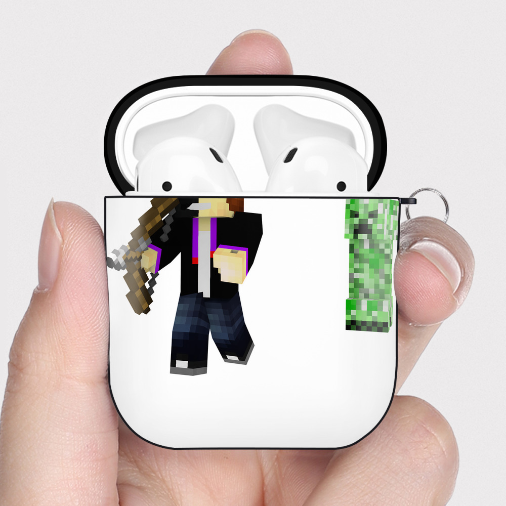 （画像用） マインクラフト ブロックの世界 Minecraft MC Block world AirPods 第2世代保護ケース ハードシェル ブラック 耐衝撃・防指紋・カラビナ付き