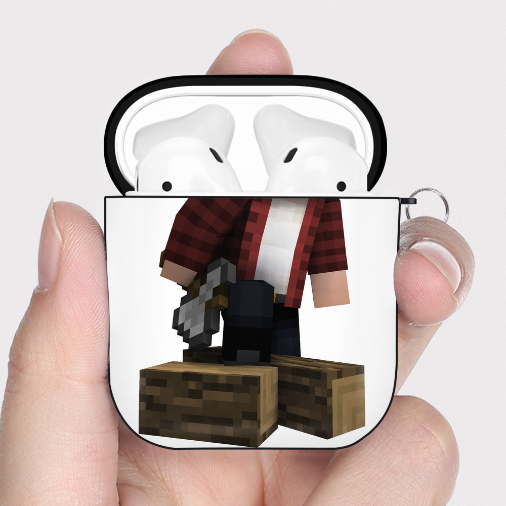 （画像用） マインクラフト ブロックの世界 Minecraft MC Block world AirPods 第2世代保護ケース ハードシェル ブラック 耐衝撃・防指紋・カラビナ付き