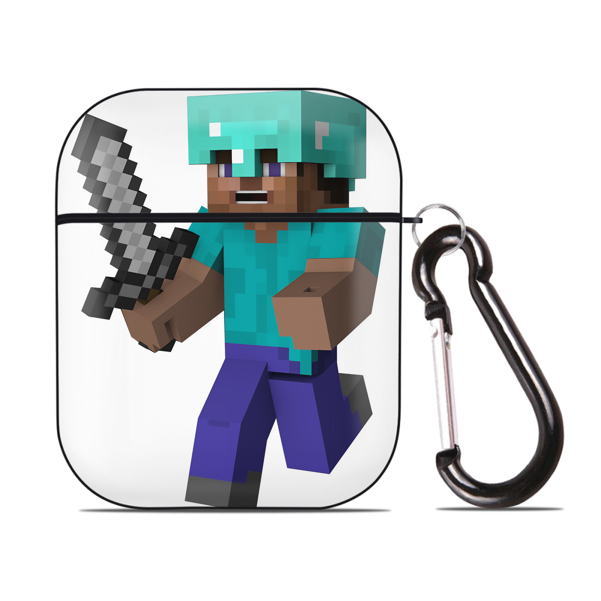 （画像用） マインクラフト ブロックの世界 Minecraft MC Block world AirPods 第2世代保護ケース ハードシェル ブラック 耐衝撃・防指紋・カラビナ付き