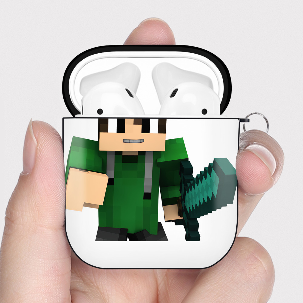 （画像用） マインクラフト ブロックの世界 Minecraft MC Block world AirPods 第2世代保護ケース ハードシェル ブラック 耐衝撃・防指紋・カラビナ付き