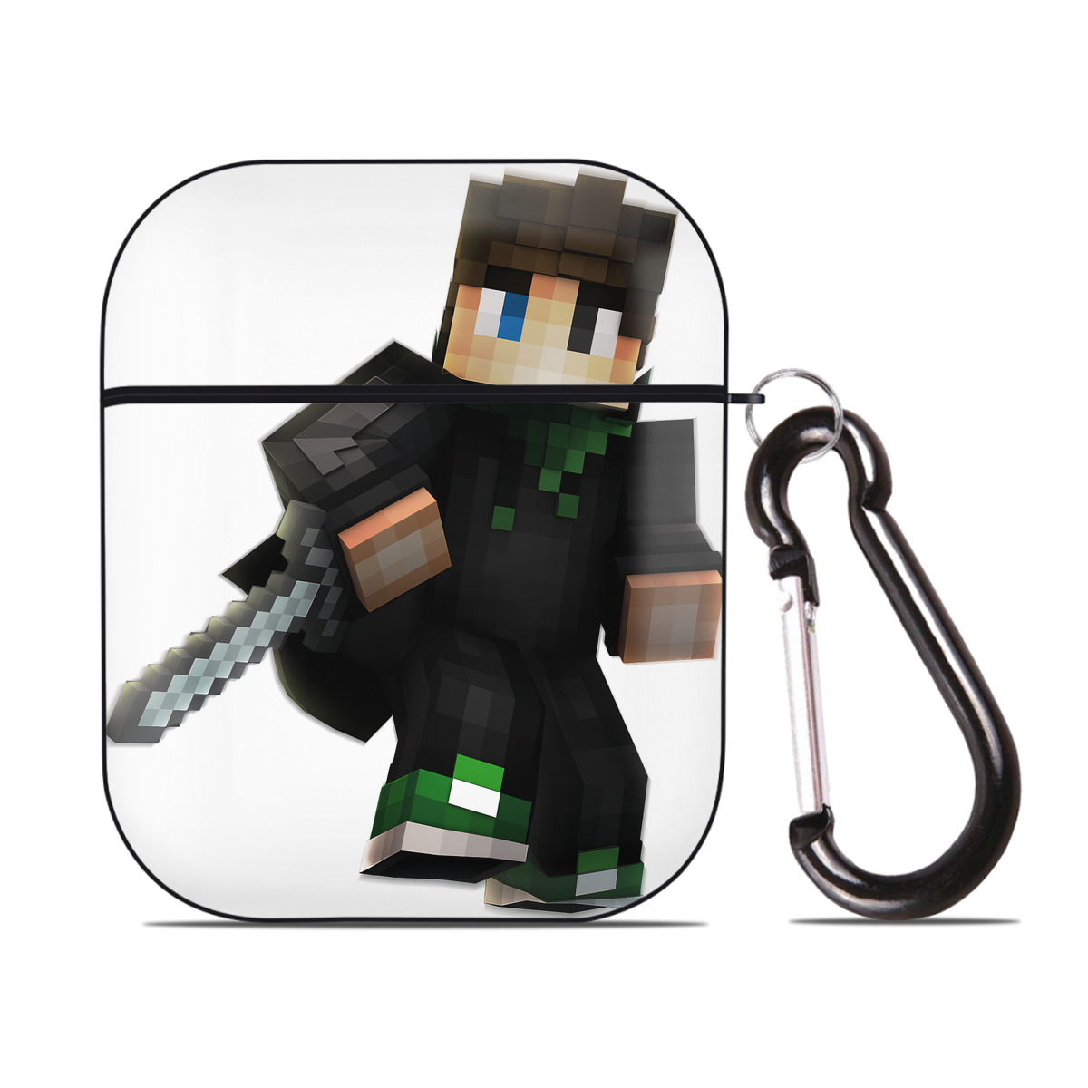 （画像用） マインクラフト ブロックの世界 Minecraft MC Block world AirPods 第2世代保護ケース ハードシェル ブラック 耐衝撃・防指紋・カラビナ付き