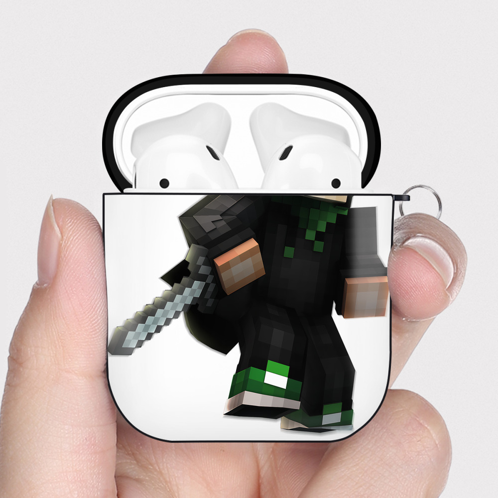 （画像用） マインクラフト ブロックの世界 Minecraft MC Block world AirPods 第2世代保護ケース ハードシェル ブラック 耐衝撃・防指紋・カラビナ付き