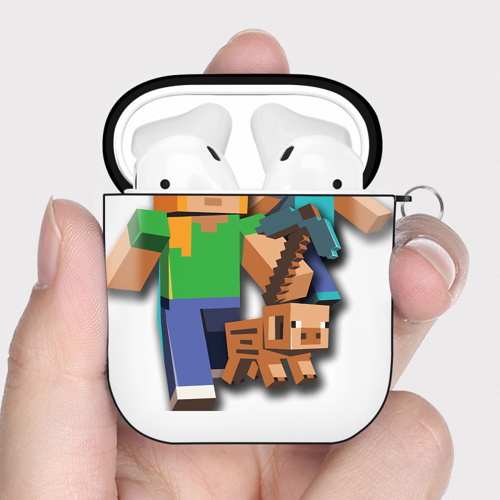 （画像用） マインクラフト ブロックの世界 Minecraft MC Block world AirPods 第2世代保護ケース ハードシェル ブラック 耐衝撃・防指紋・カラビナ付き
