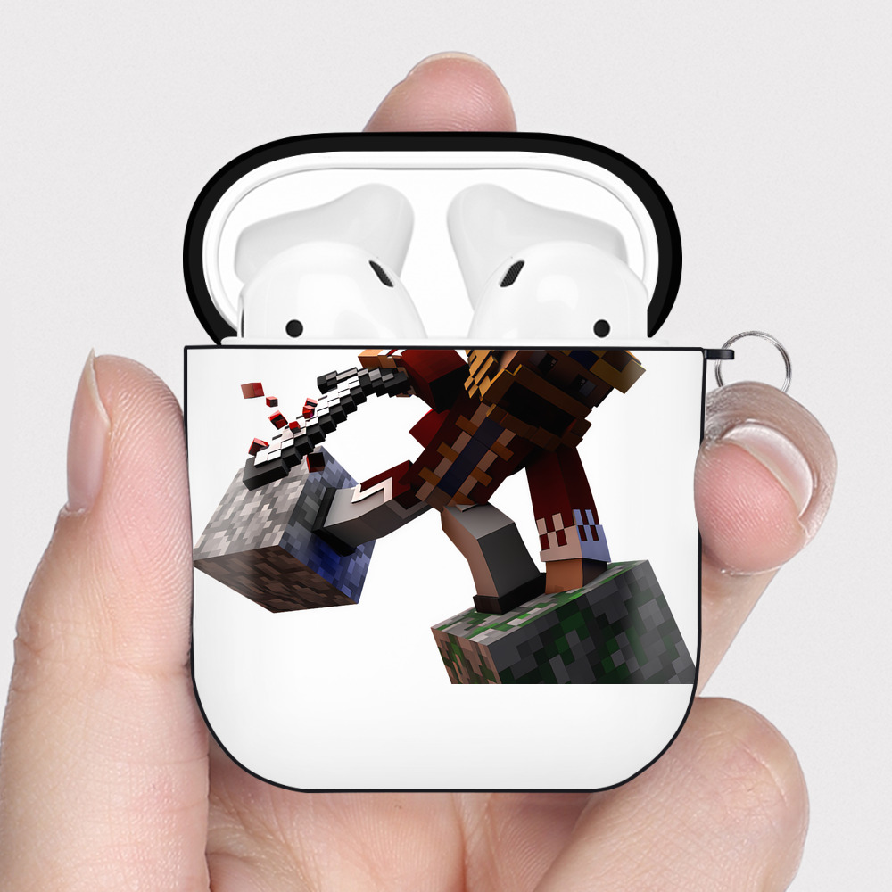（画像用） マインクラフト ブロックの世界 Minecraft MC Block world AirPods 第2世代保護ケース ハードシェル ブラック 耐衝撃・防指紋・カラビナ付き