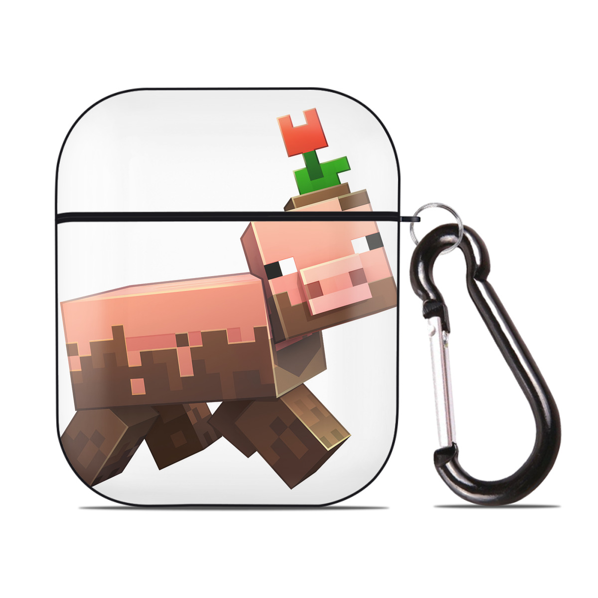 （画像用） マインクラフト ブロックの世界 Minecraft MC Block world AirPods 第2世代保護ケース ハードシェル ブラック 耐衝撃・防指紋・カラビナ付き