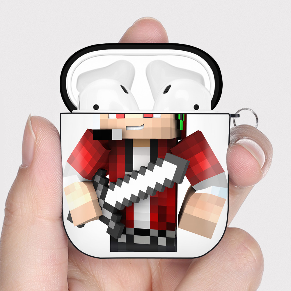 （画像用） マインクラフト ブロックの世界 Minecraft MC Block world AirPods 第2世代保護ケース ハードシェル ブラック 耐衝撃・防指紋・カラビナ付き