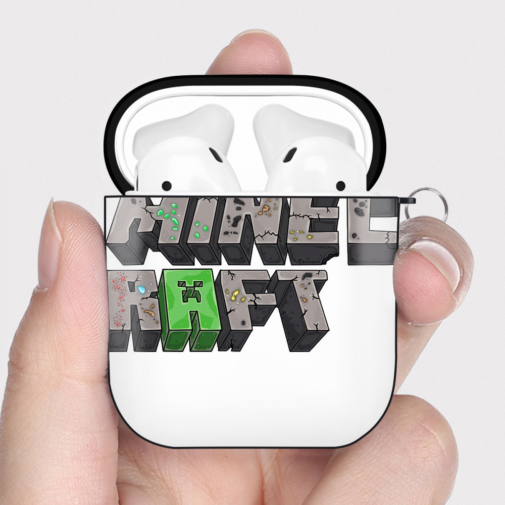 （画像用） マインクラフト ブロックの世界 Minecraft MC Block world AirPods 第2世代保護ケース ハードシェル ブラック 耐衝撃・防指紋・カラビナ付き