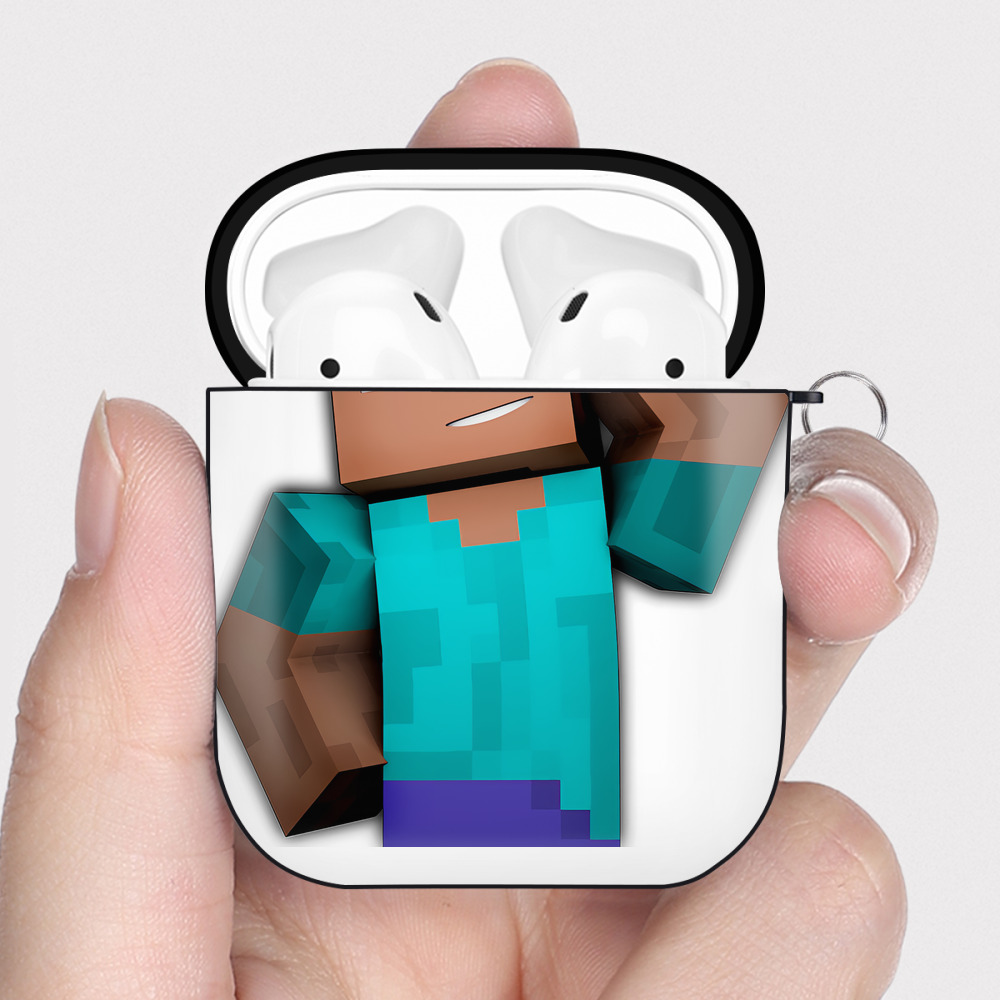 （画像用） マインクラフト ブロックの世界 Minecraft MC Block world AirPods 第2世代保護ケース ハードシェル ブラック 耐衝撃・防指紋・カラビナ付き
