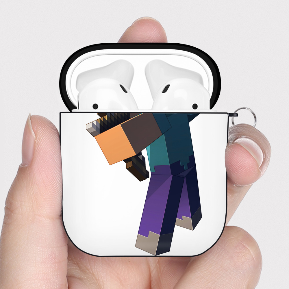 （画像用） マインクラフト ブロックの世界 Minecraft MC Block world AirPods 第2世代保護ケース ハードシェル ブラック 耐衝撃・防指紋・カラビナ付き