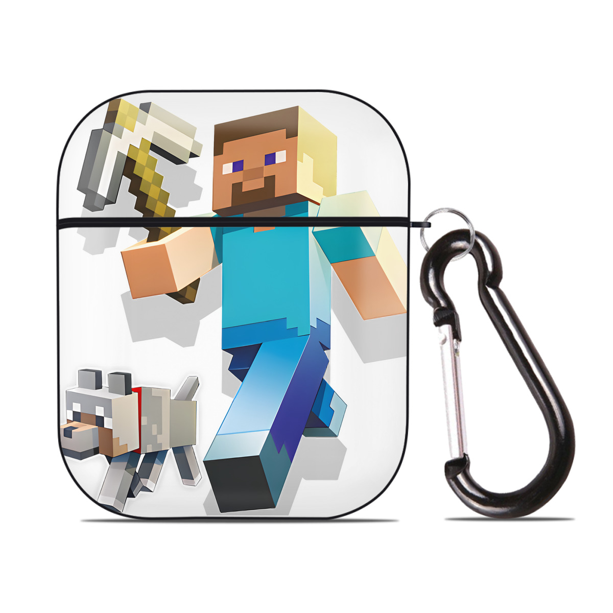 （画像用） マインクラフト ブロックの世界 Minecraft MC Block world AirPods 第2世代保護ケース ハードシェル ブラック 耐衝撃・防指紋・カラビナ付き