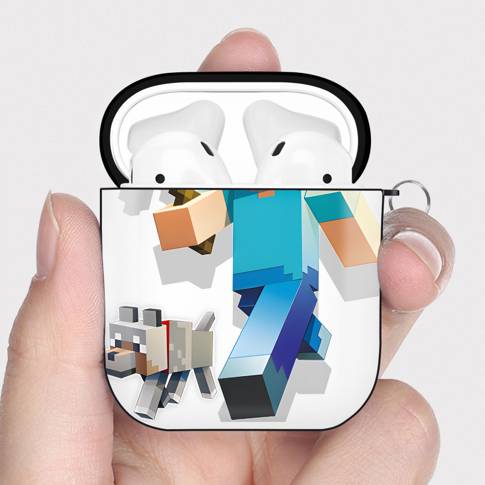 （画像用） マインクラフト ブロックの世界 Minecraft MC Block world AirPods 第2世代保護ケース ハードシェル ブラック 耐衝撃・防指紋・カラビナ付き