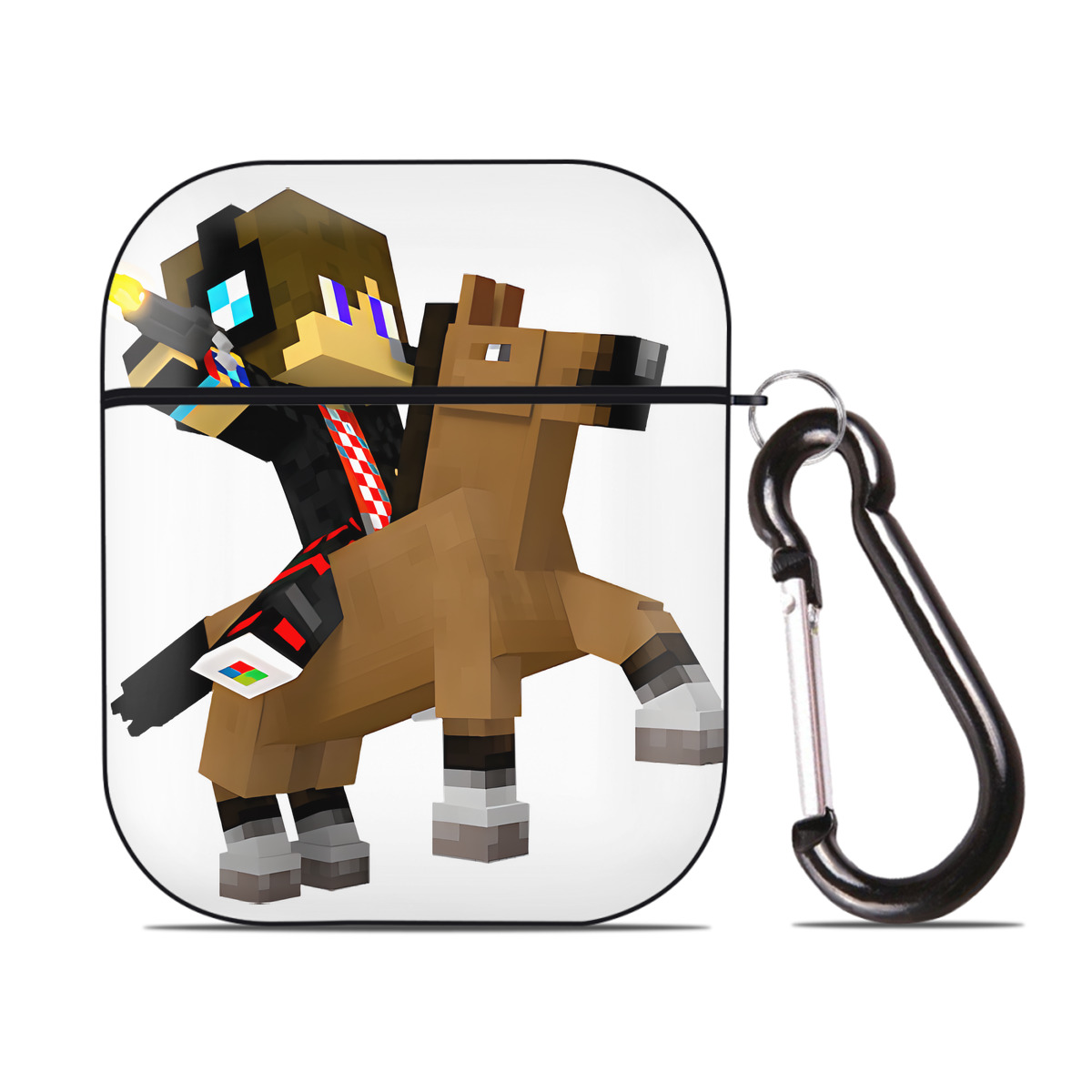 （画像用） マインクラフト ブロックの世界 Minecraft MC Block world AirPods 第2世代保護ケース ハードシェル ブラック 耐衝撃・防指紋・カラビナ付き