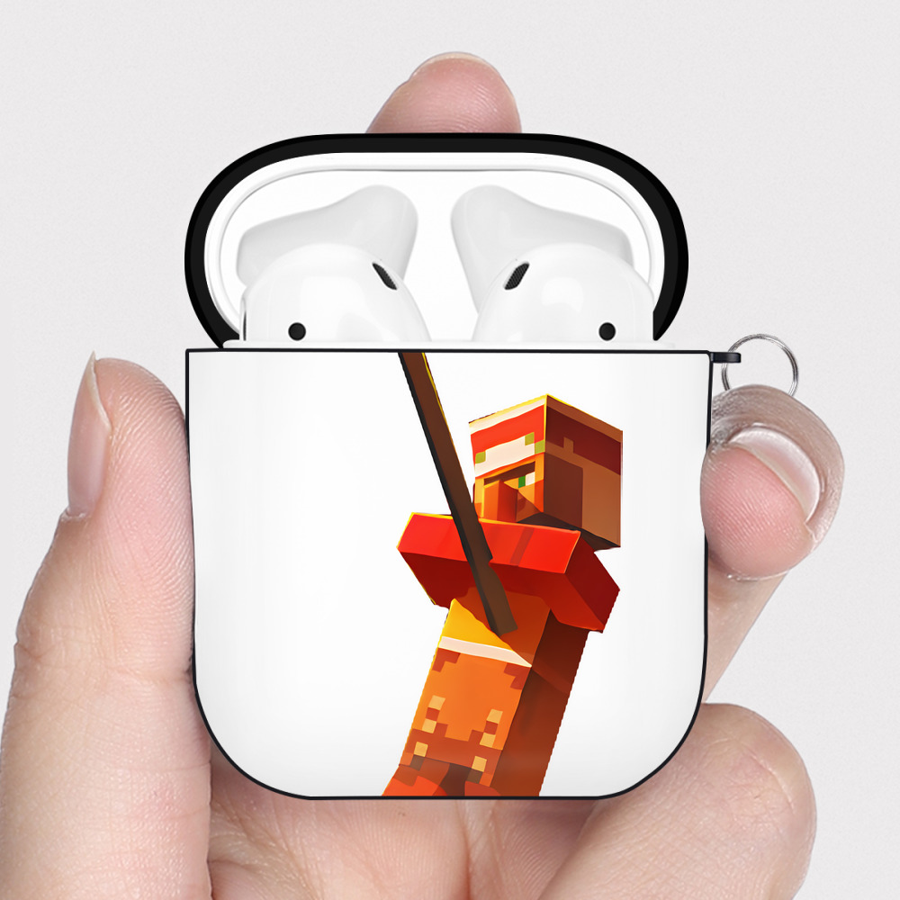 （画像用） マインクラフト ブロックの世界 Minecraft MC Block world AirPods 第2世代保護ケース ハードシェル ブラック 耐衝撃・防指紋・カラビナ付き
