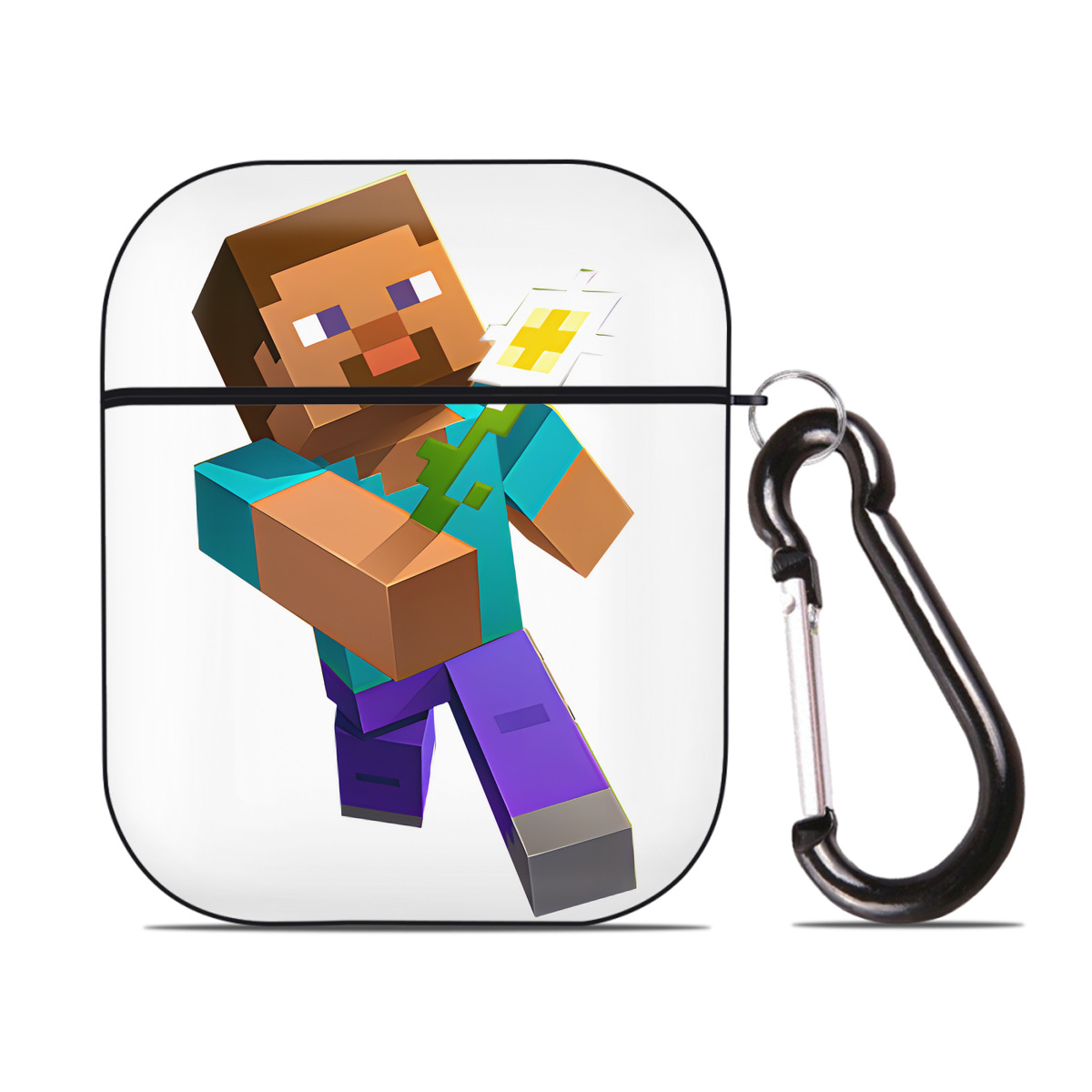 （画像用） マインクラフト ブロックの世界 Minecraft MC Block world AirPods 第2世代保護ケース ハードシェル ブラック 耐衝撃・防指紋・カラビナ付き