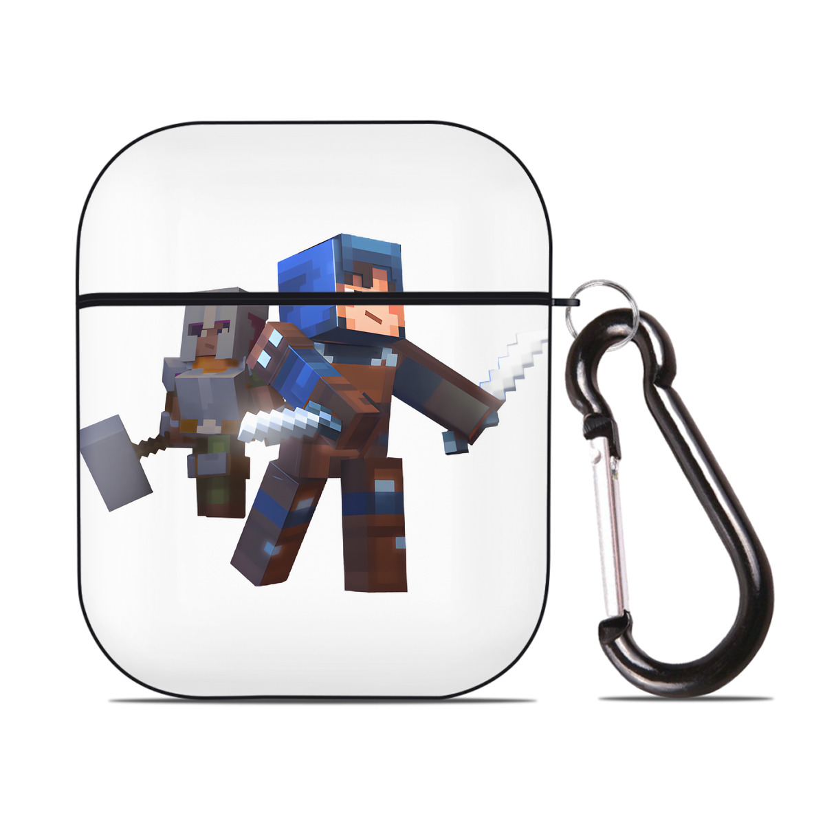 （画像用） マインクラフト ブロックの世界 Minecraft MC Block world AirPods 第2世代保護ケース ハードシェル ブラック 耐衝撃・防指紋・カラビナ付き