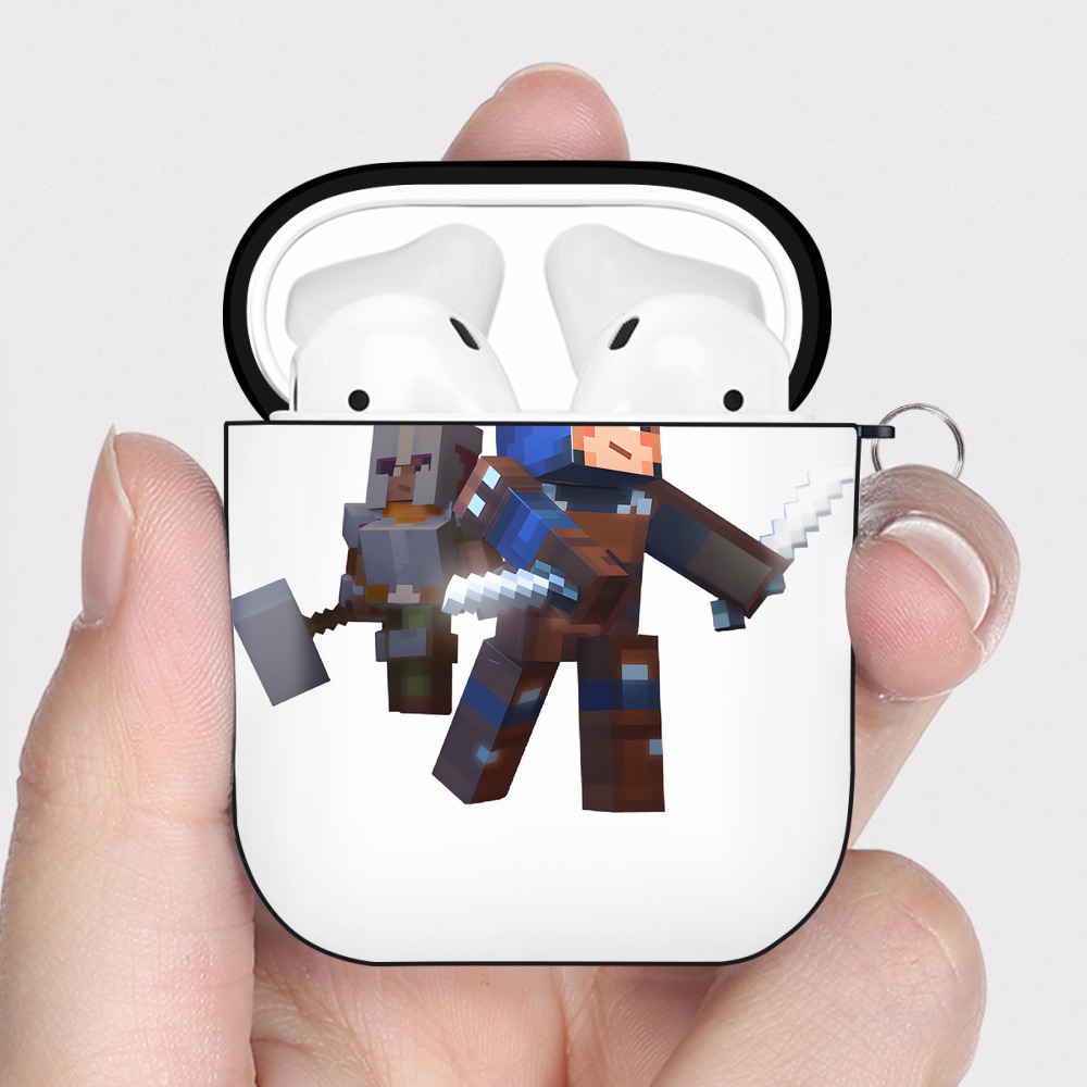（画像用） マインクラフト ブロックの世界 Minecraft MC Block world AirPods 第2世代保護ケース ハードシェル ブラック 耐衝撃・防指紋・カラビナ付き