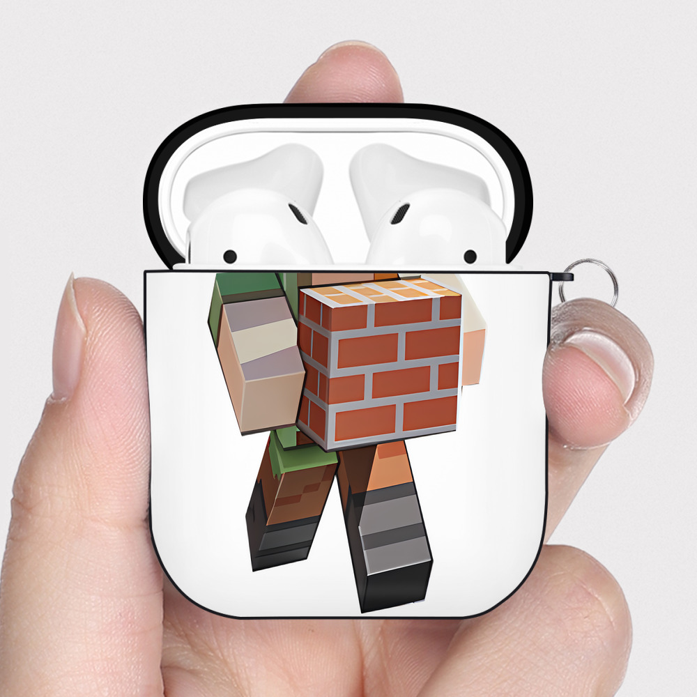 （画像用） マインクラフト ブロックの世界 Minecraft MC Block world AirPods 第2世代保護ケース ハードシェル ブラック 耐衝撃・防指紋・カラビナ付き