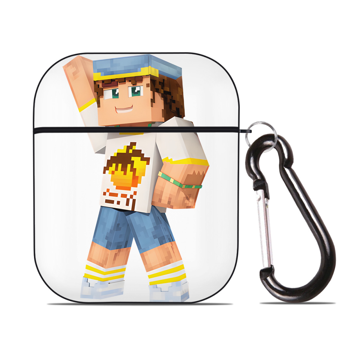 （画像用） マインクラフト ブロックの世界 Minecraft MC Block world AirPods 第2世代保護ケース ハードシェル ブラック 耐衝撃・防指紋・カラビナ付き