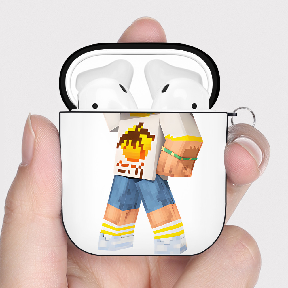 （画像用） マインクラフト ブロックの世界 Minecraft MC Block world AirPods 第2世代保護ケース ハードシェル ブラック 耐衝撃・防指紋・カラビナ付き
