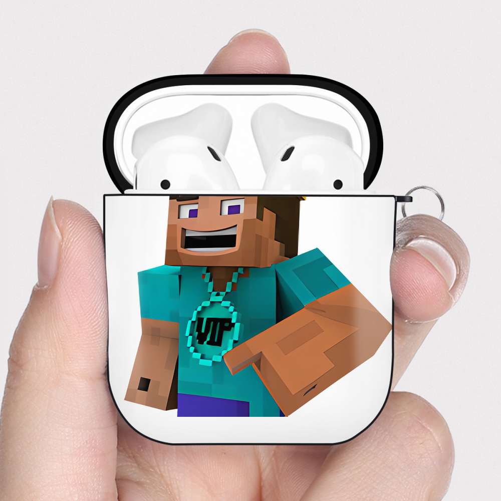 （画像用） マインクラフト ブロックの世界 Minecraft MC Block world AirPods 第2世代保護ケース ハードシェル ブラック 耐衝撃・防指紋・カラビナ付き